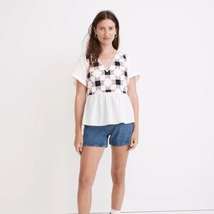 Flutter-Sleeve Peplum Top in Patchwork Quilt